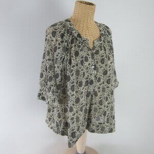 Masscob Womens M Ivory Black Floral Gathered Crop Tunic Shirt 100% Cotton Top